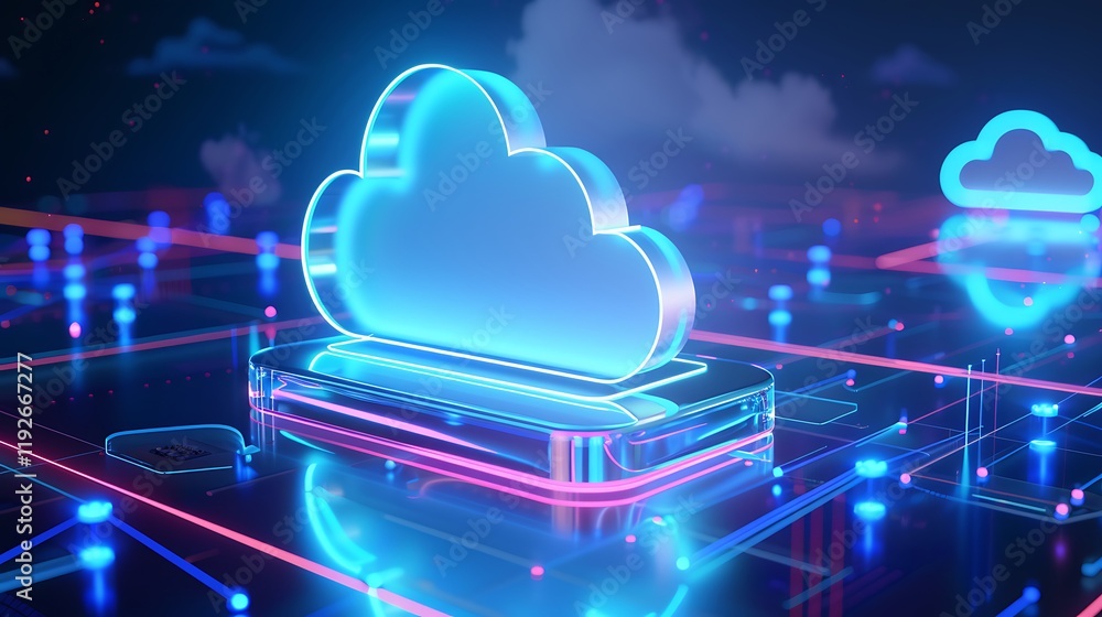 Aufkleber neon cloud icon floating above a digital circuit network with colorful lights and abstract backgroun