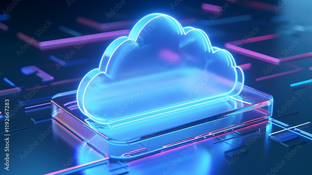 Poster neon cloud icon design with futuristic background for digital storage and technology concepts