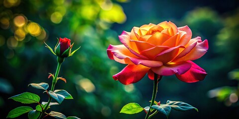 Silhouette of Two-Tone Rose and Bud in Lush Green Park