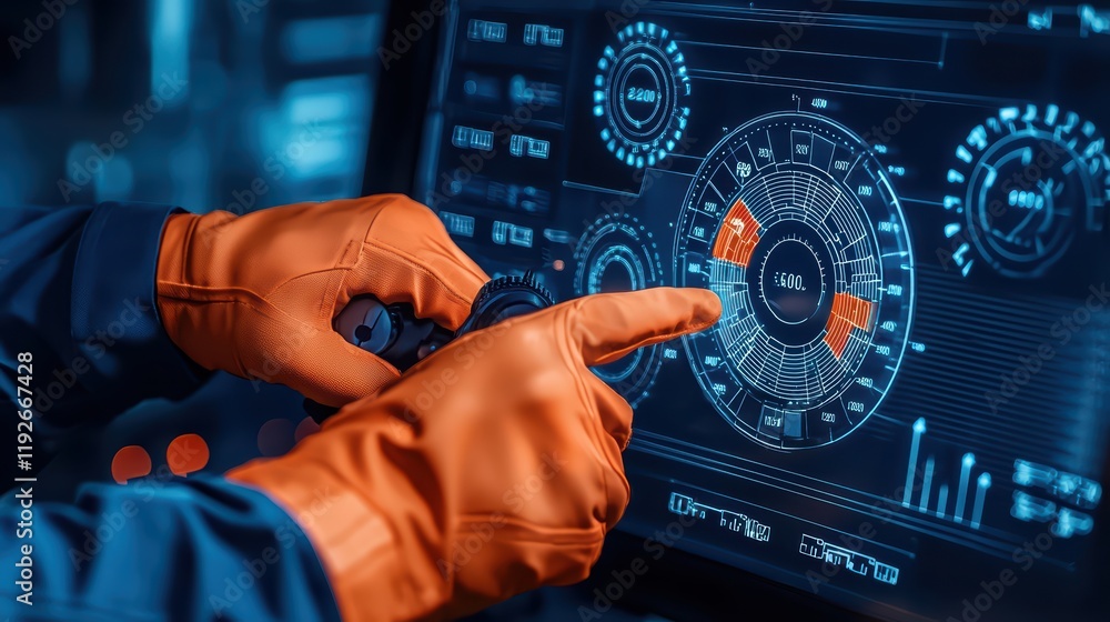 Poster operator in orange gloves adjusting high-tech control panel display