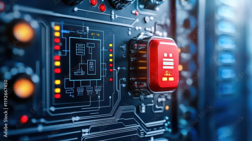 Poster close-up of futuristic circuit board with red button illumination