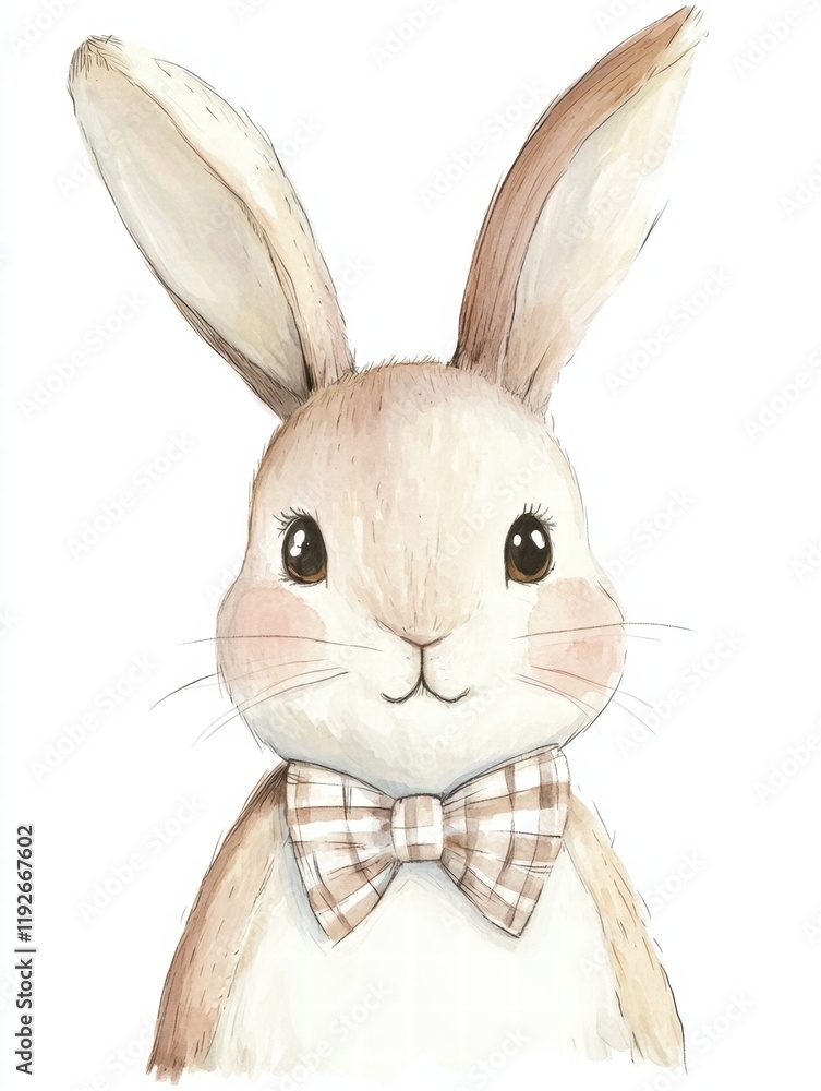 Poster cute illustrated rabbit character wearing a bow tie with a friendly expression and soft fur appearin