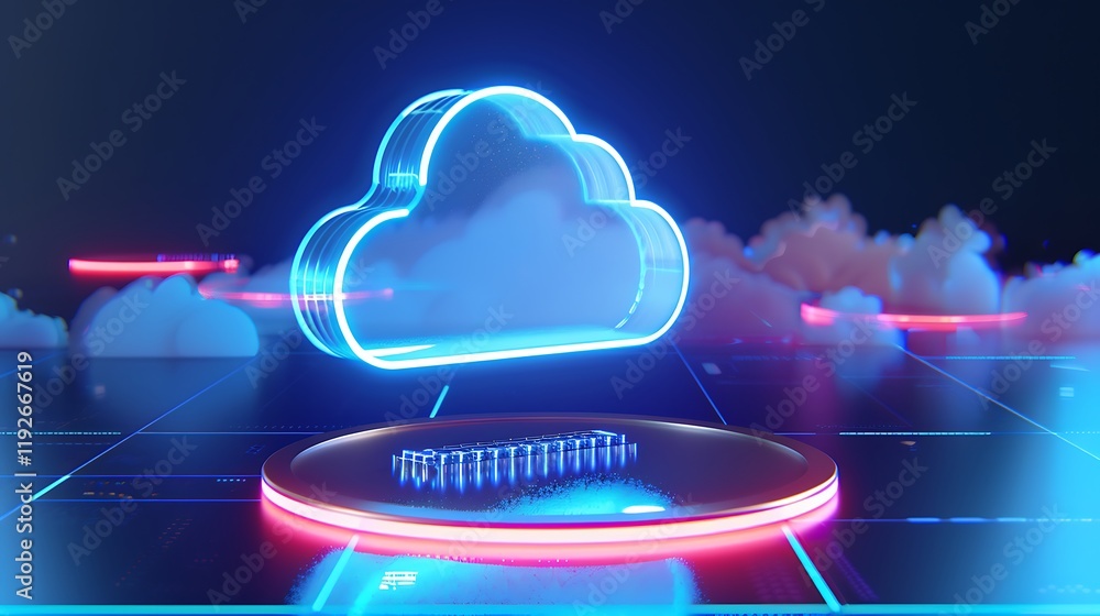 Poster neon cloud icon on futuristic digital background with circuit patterns and light effects