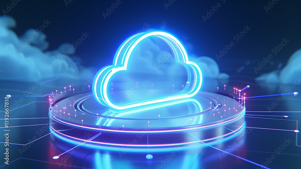 Poster neon cloud icon on futuristic platform with digital elements and glowing effects in dark background