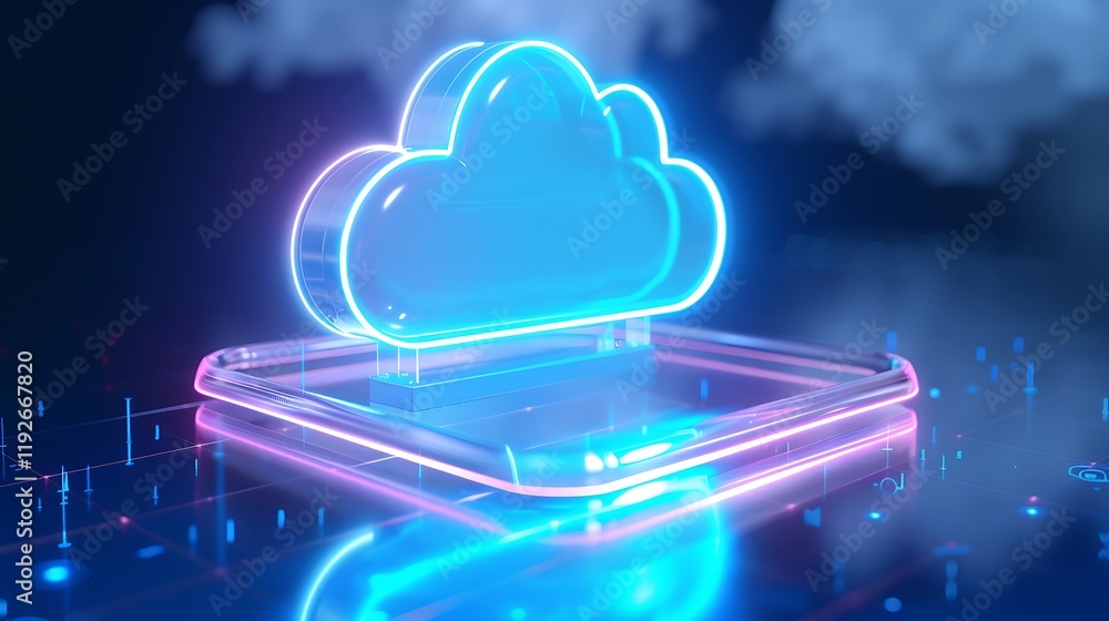 Poster neon cloud icon over digital background representing cloud computing and data storage solutions