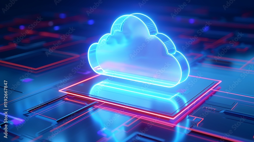 Poster neon cloud icon surrounded by digital circuitry displaying data connection and technology concept
