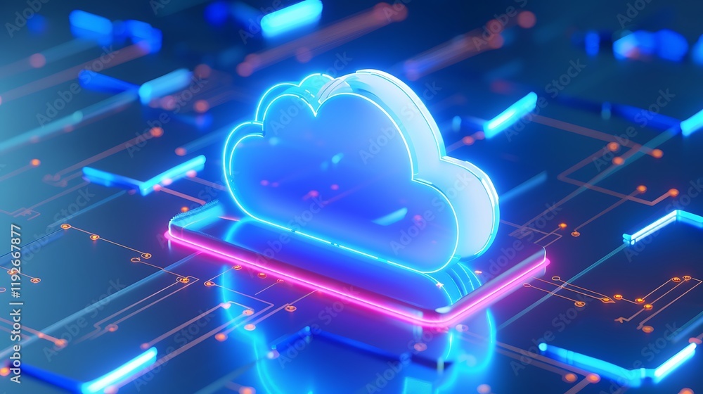 Poster neon cloud icon with circuitry background for technology and digital storage concepts