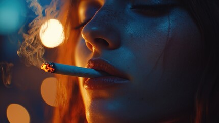 Fototapeta premium Intense Portrait of a Woman Smoking at Dusk