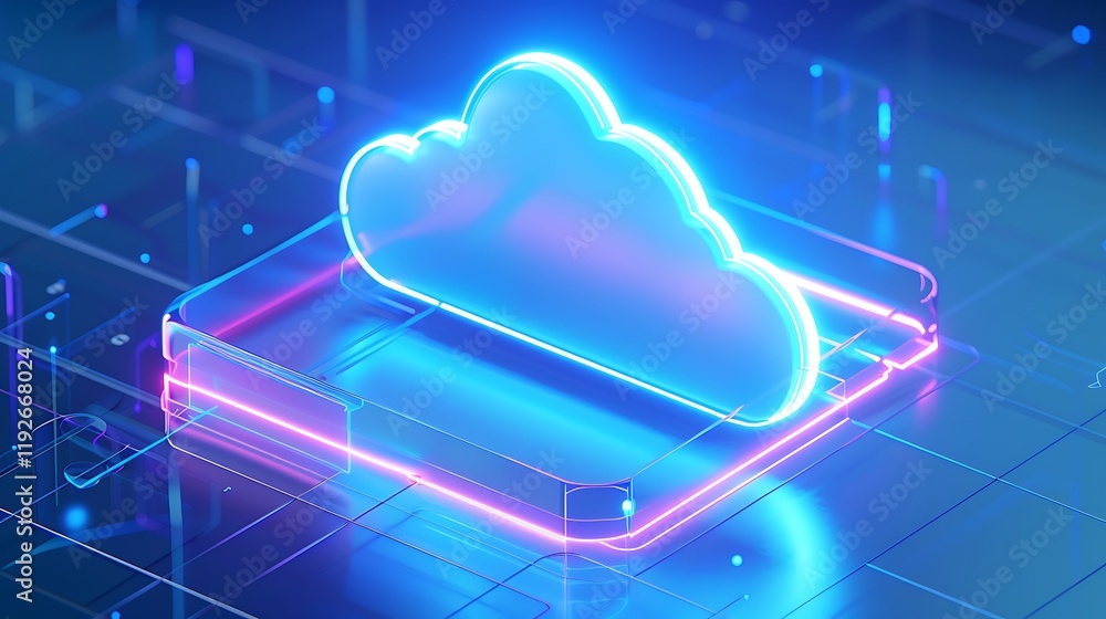 Poster neon cloud icon with digital circuitry background for technology and data related concepts