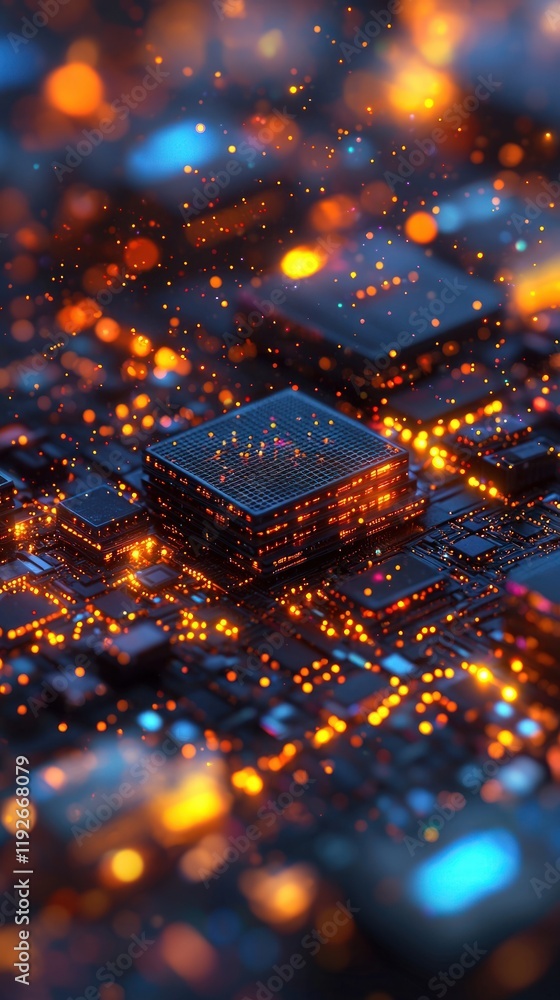 Poster a close-up of a vibrant microchip circuit, showcasing glowing components and intricate designs in a 