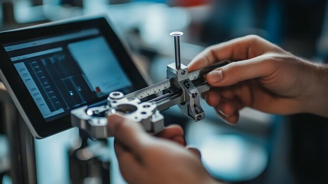 A close-up of an inspector&rsquo;s hands holding a digital caliper to measure a product component, with a tablet in the background displaying measurement data, emphasizing accuracy in modern quality 