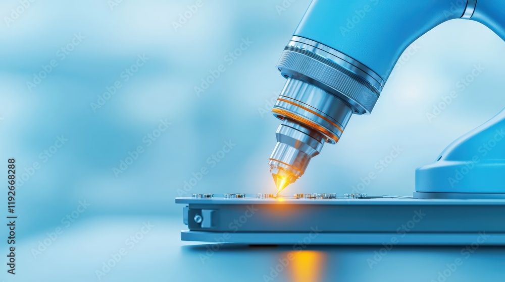 Poster close-up of a modern microscope with illuminated lens system