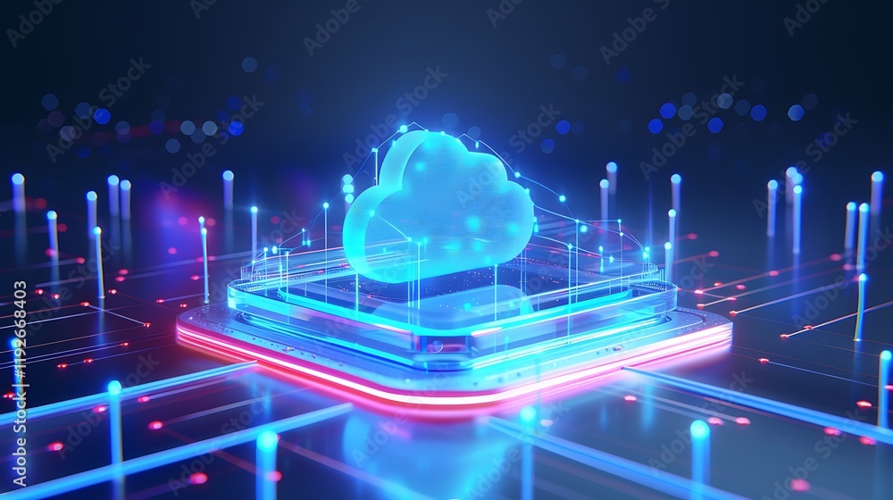 Poster neon cloud technology with data connections for digital transformation and cloud computing innovatio