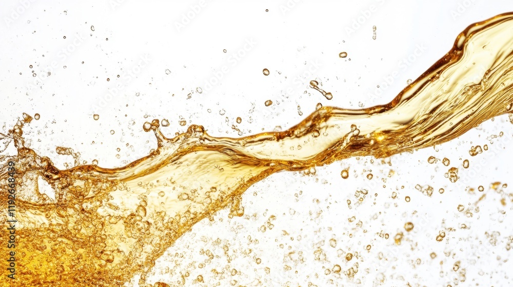 Poster golden liquid splashes energetically against a white background, showcasing its vibrant color and dy