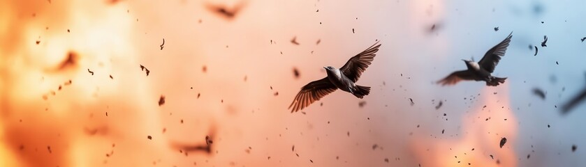 Obraz premium A silhouette of birds soaring over a blazing skyline, wildfire inspiration, liberation in the midst of disorder.