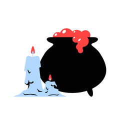 Witch Cauldron And Melting Candles In Flat Vector Illustration Symbolizing Halloween Spirit, Potion Brewing, And Magic, Isolated On White Background