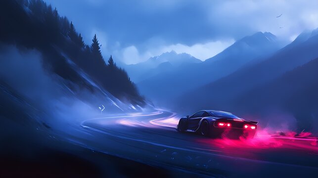 A sports car decelerating before a tight corner on a winding mountain pass, with brake lights illuminating, highlighting the controlled braking necessary for safe and efficient touge racing. 