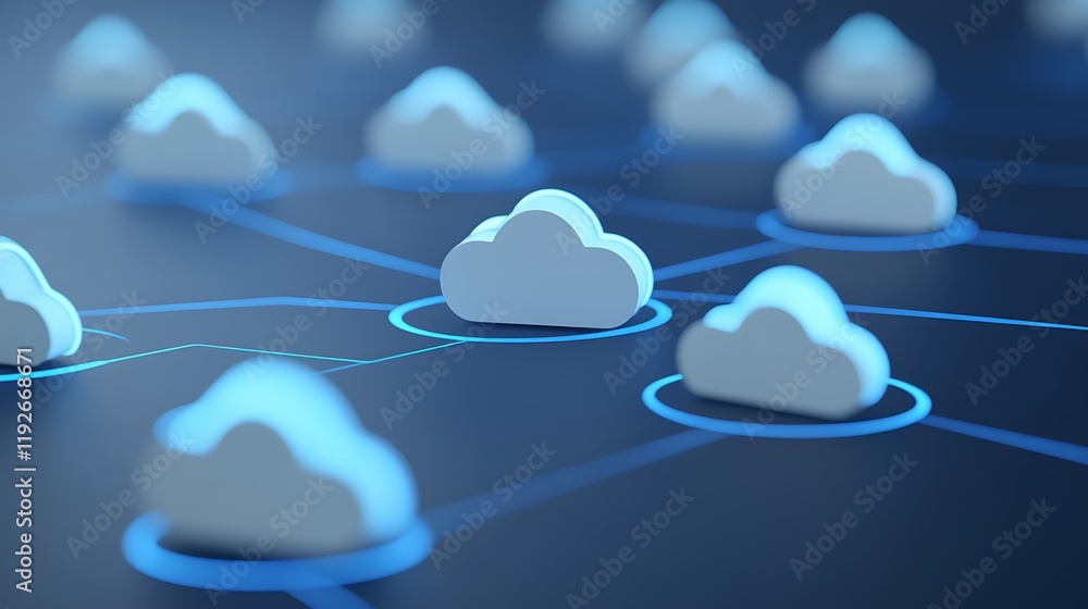 Poster network of stylized clouds representing cloud computing technology and data connectivity solutions