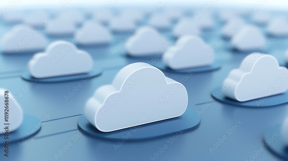 Poster rows of 3d white clouds on blue background representing cloud computing and technology concepts