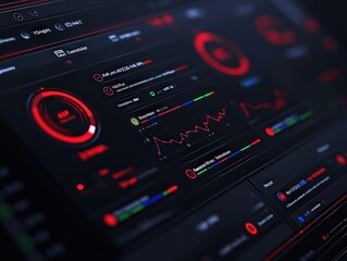 Obraz premium A dark-themed digital interface featuring red accents, displaying various metrics and graphics indicative of monitoring or control systems.