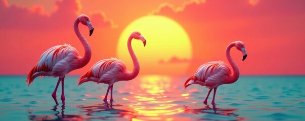 Obraz premium Pink flamingos against a warm orange sunset background with vibrant hues of coral and turquoise, sunset, landscape, pink