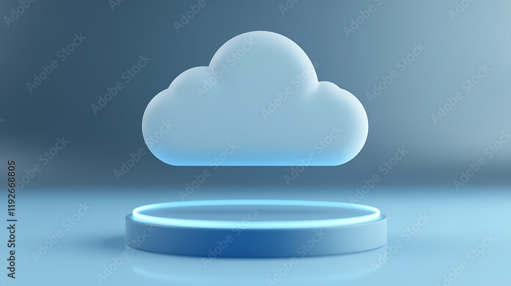 Poster Soft Blue Cloud Design Floating Above a Round Surface with a Calm Background for Digital Concepts
