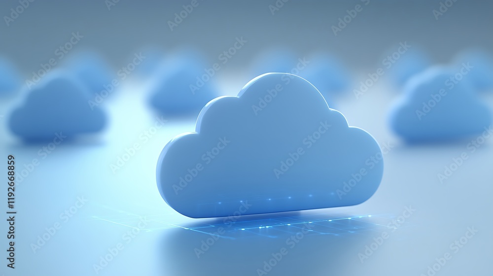Poster soft blue cloud icon on a smooth surface with digital design elements and light reflections