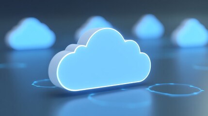 Soft Blue Cloud Icon with Neon Glow Over Abstract Digital Background in Technology Concept