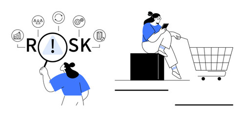 Magnifying glass highlighting risk elements thumbs up data, demographics, and policies. Woman checking phone near shopping cart. Ideal for risk management, consumer behavior, e-commerce, online