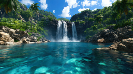 Fototapeta premium Grand waterfall plunging into clear waters, rugged cliffs framing the powerful cascade