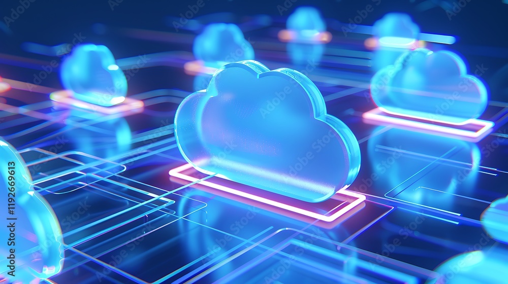 Poster vibrant neon cloud computing concept with data connections and digital network in futuristic environ
