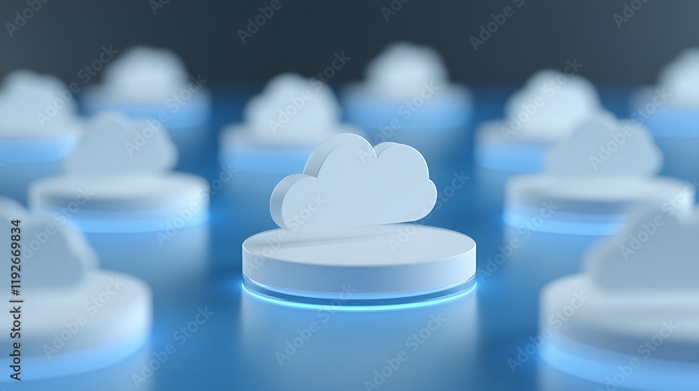 Poster white cloud icon on platform with blue glow in abstract digital environment and data storage concept
