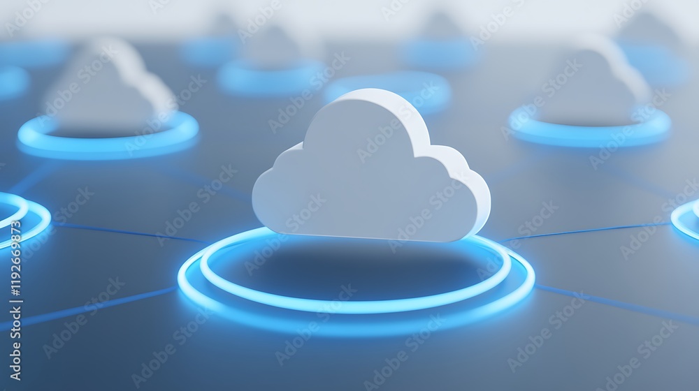 Aufkleber white cloud icon surrounded by bright blue circles on a soft focus background representing cloud com