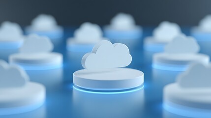 White Cloud Icon on Platform with Blue Glow in Abstract Digital Environment and Data Storage Concept