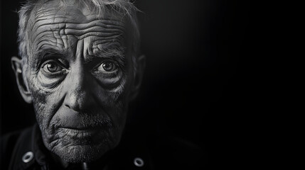 Retrato primer plano en blanco y negro de hombre senior como concepto de sabiduría, vejez, experiencia