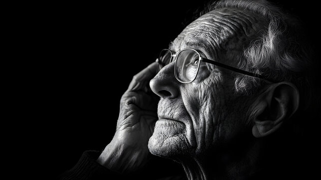 Retrato primer plano en blanco y negro de hombre senior como concepto de sabidur&iacute;a, vejez, experiencia