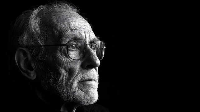 Retrato primer plano en blanco y negro de hombre senior como concepto de sabidur&iacute;a, vejez, experiencia