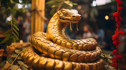 A stunning golden snake statue prominently featured at a traditional temple during vibrant zodiac the cultural and religious significance of this ancient Asian festival