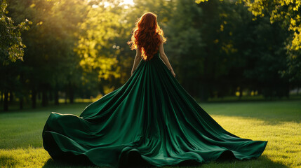 A striking red-haired woman in an emerald green satin gown with a flowing train, standing in a sunlit park during golden hour