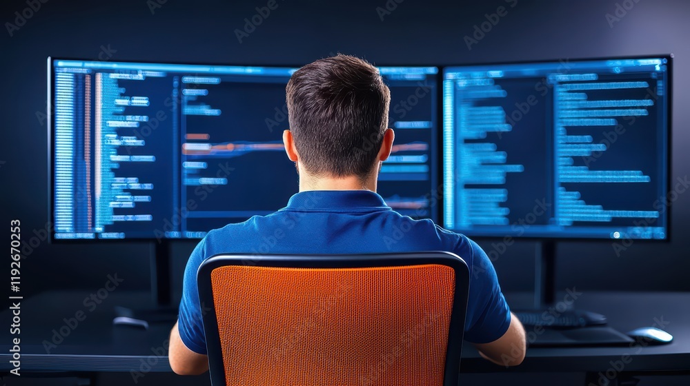 Poster programmer analyzing data on dual monitors in modern workspace
