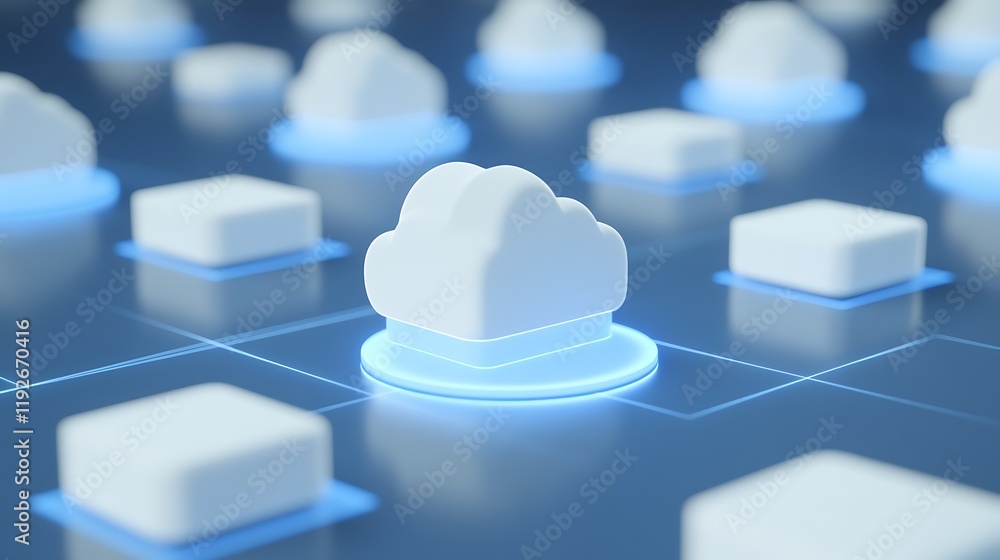 Poster white cloud symbol on digital network background with glowing blue elements and geometric patterns