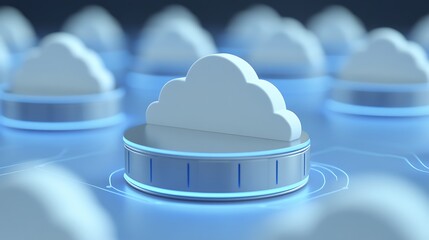White cloud symbol on a blue background surrounded by glowing circles representing digital network technology
