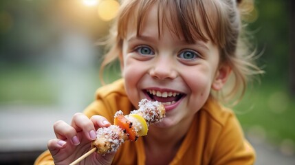 Joyful child enjoying a colorful fruit skewer in a sunny park during an afternoon gathering