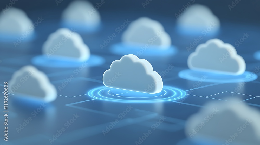 Poster white clouds with glowing blue circles in a digital network representing cloud computing technology