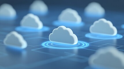 White clouds with glowing blue circles in a digital network representing cloud computing technology