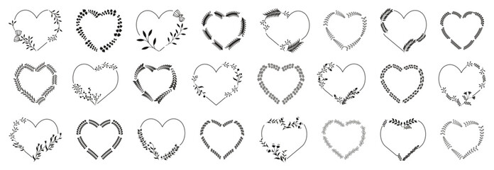 Set of floral heart wreath frame with leaves for  vintage decoration