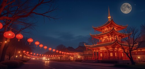 Fototapeta premium Traditional pagoda surrounded by lanterns under starry night