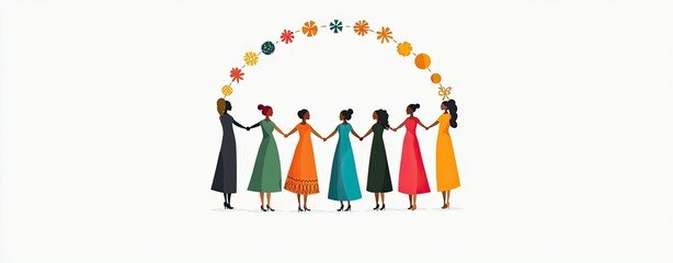 Celebrate women's future concept, Diverse Group of Women Holding Hands in Colorful Dresses Celebrating Unity and Friendship