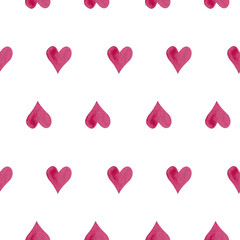 Charming pattern of small pink hearts, arranged in a repeating design. Watercolor technique enhances the gentle and romantic feel, for Valentine Day products, gift wrapping, or decorative items.