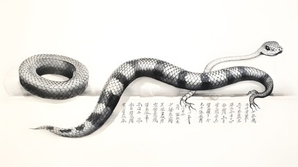 Elegant and Dynamic Ink Drawing of a Snake Coiled on Traditional Rice Paper with Delicate Chinese Calligraphy Brush Strokes in a Minimalistic Monochromatic Style